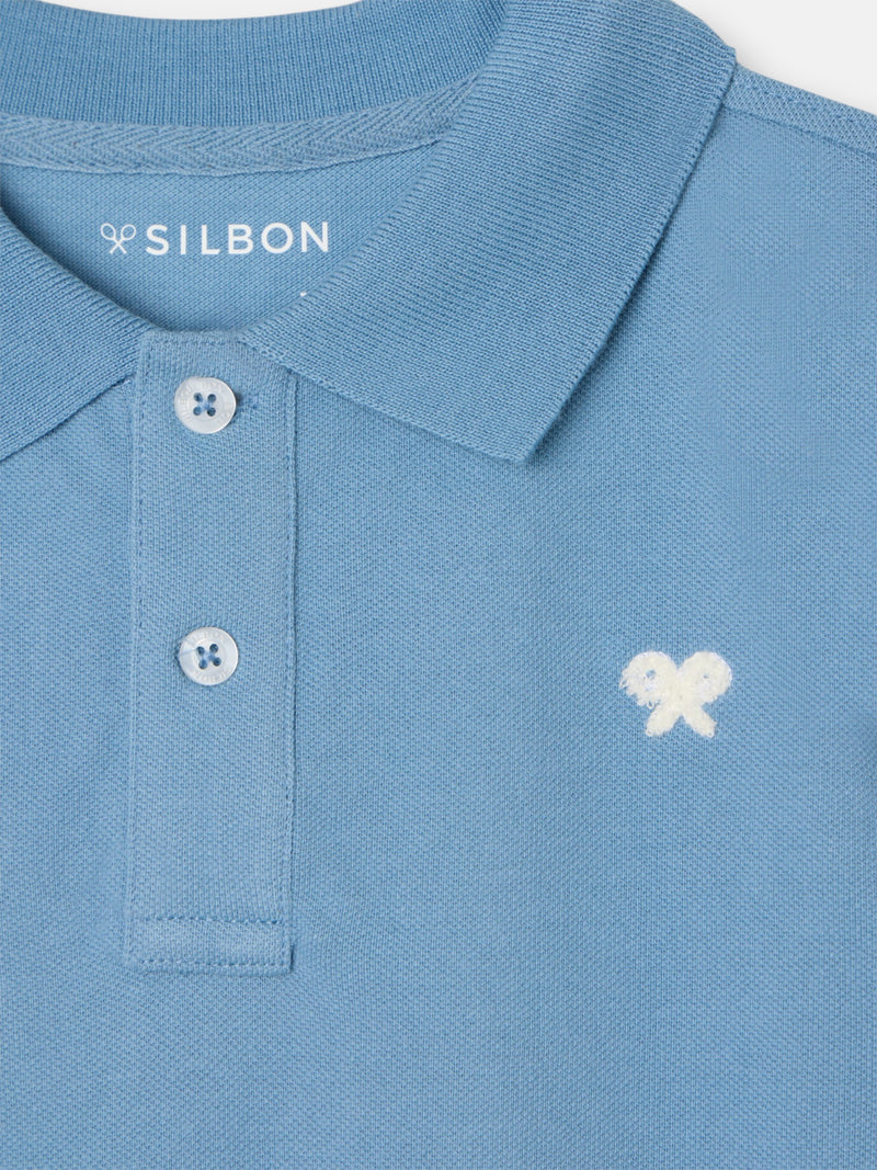 Polo criança liso com logótipo em felpo azul médio