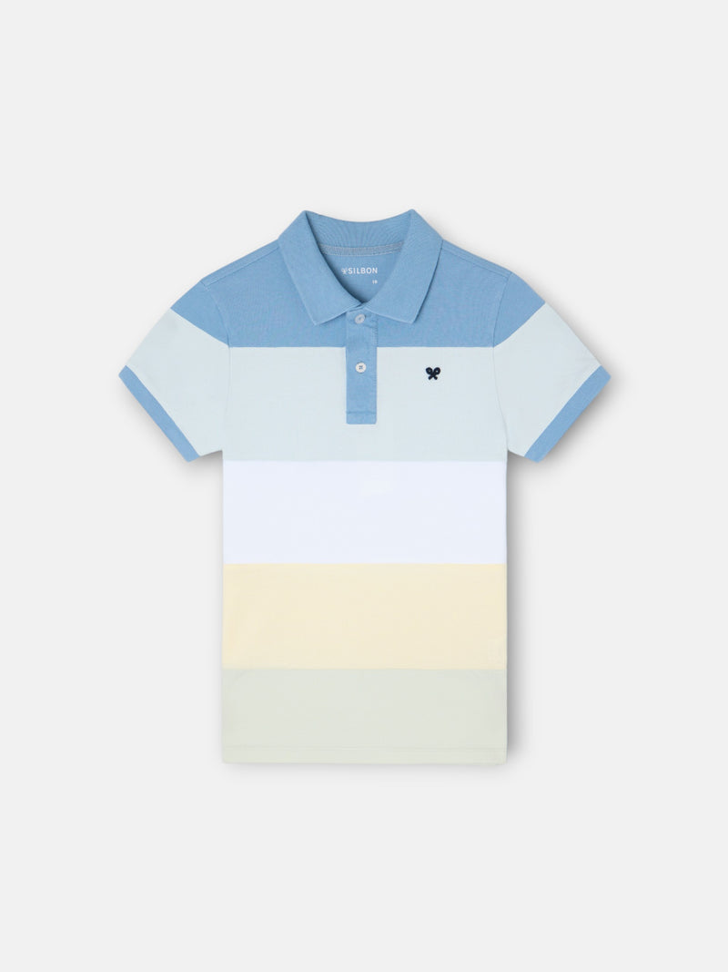 Polo enfant à larges rayures multicolores bleu