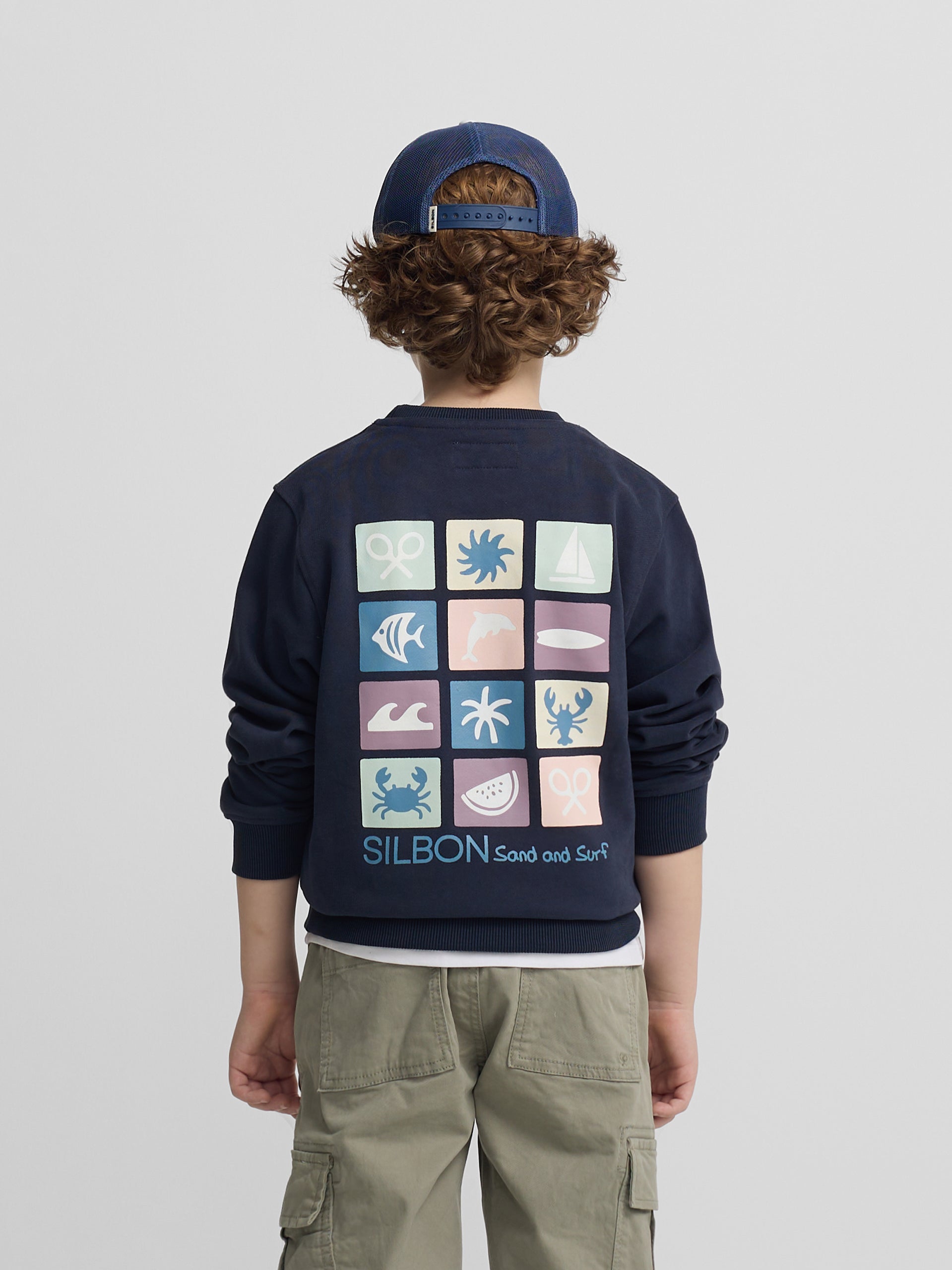 Sweat-shirt bleu marine pour enfants, motif sable et surf