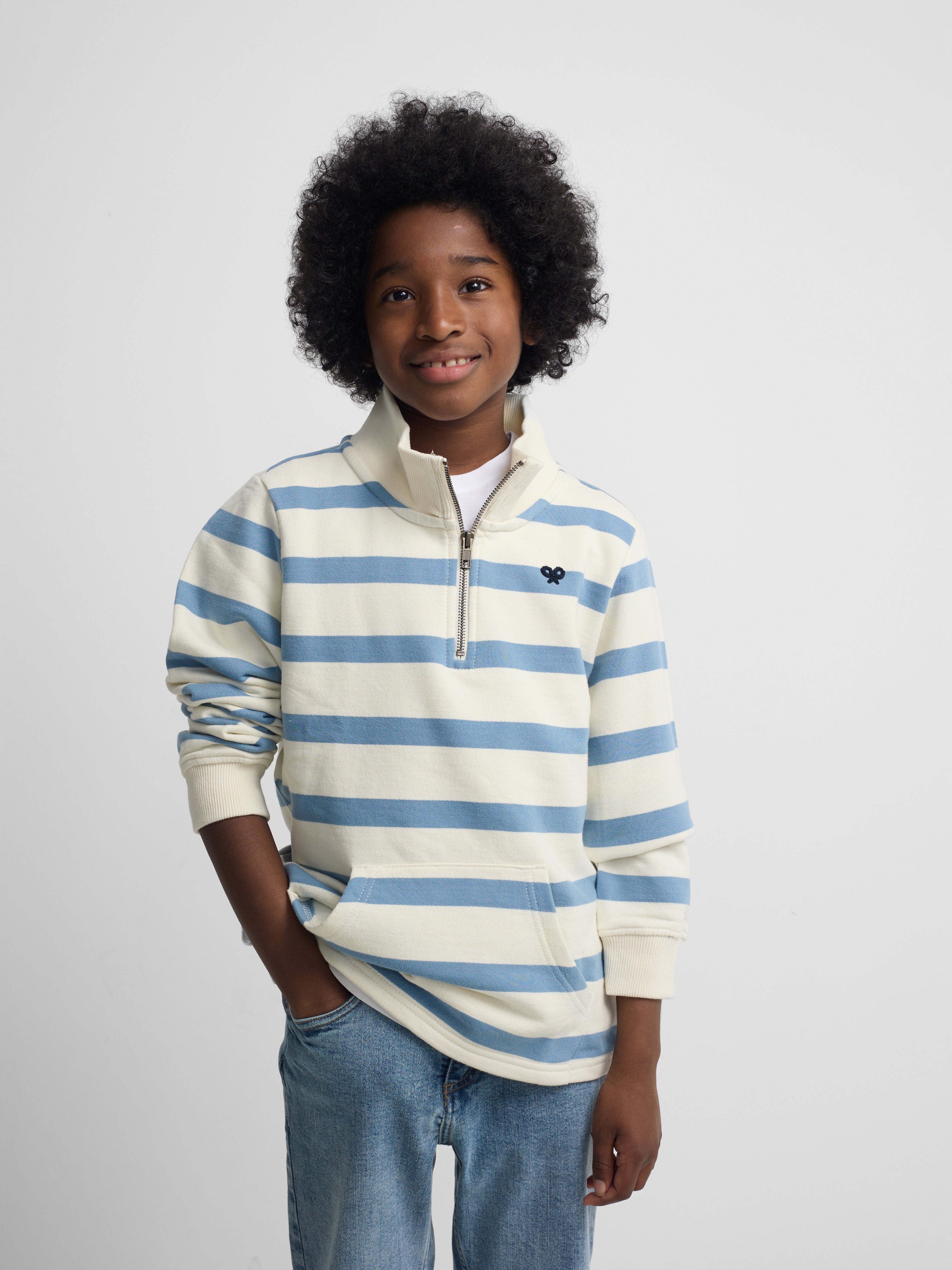 Sweat-shirt enfant demi-fermeture éclair rayé bleu