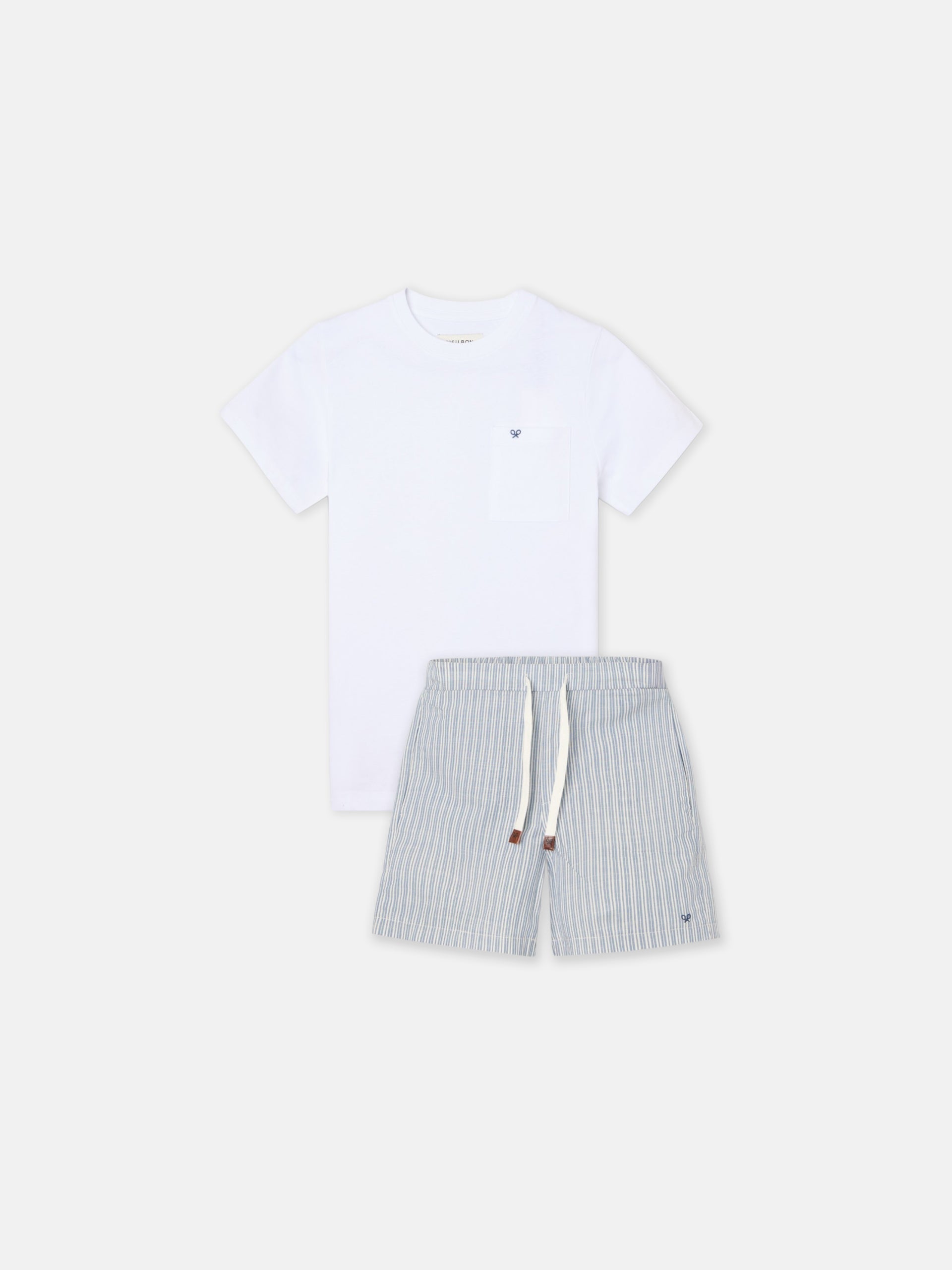 Pyjama court pour enfants avec poche à rayures bleu et gris