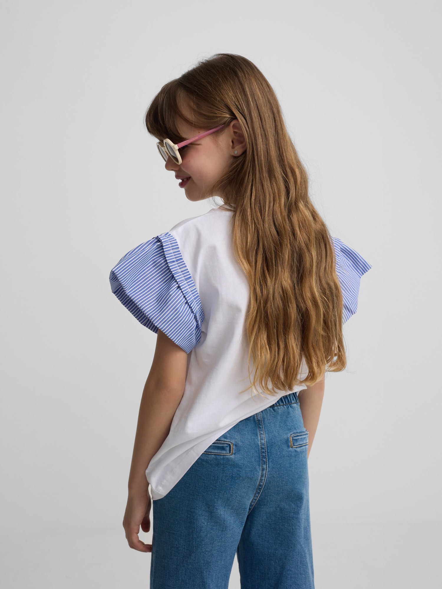 Girl's white striped poplin ruffle t-shirt