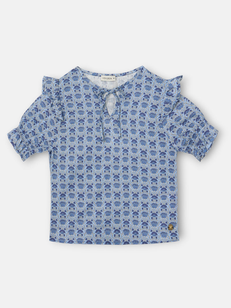 Blusa de menina de manga curta estampada azul