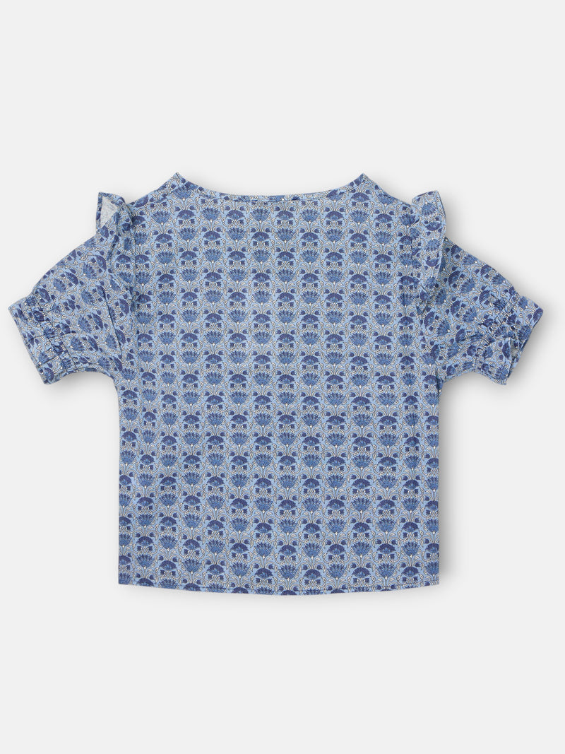 Blusa de menina de manga curta estampada azul