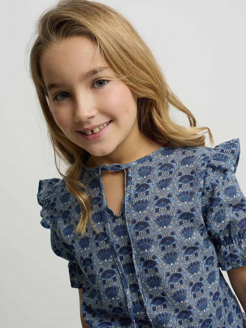 Blusa de menina de manga curta estampada azul