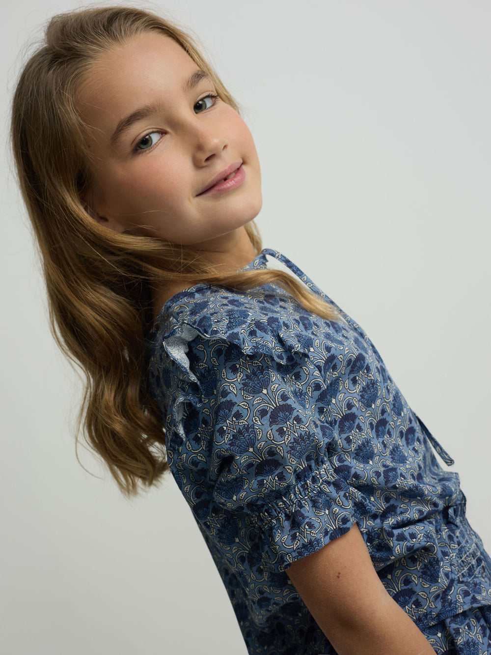 Chemisier pour fille à manches courtes et imprimé bleu