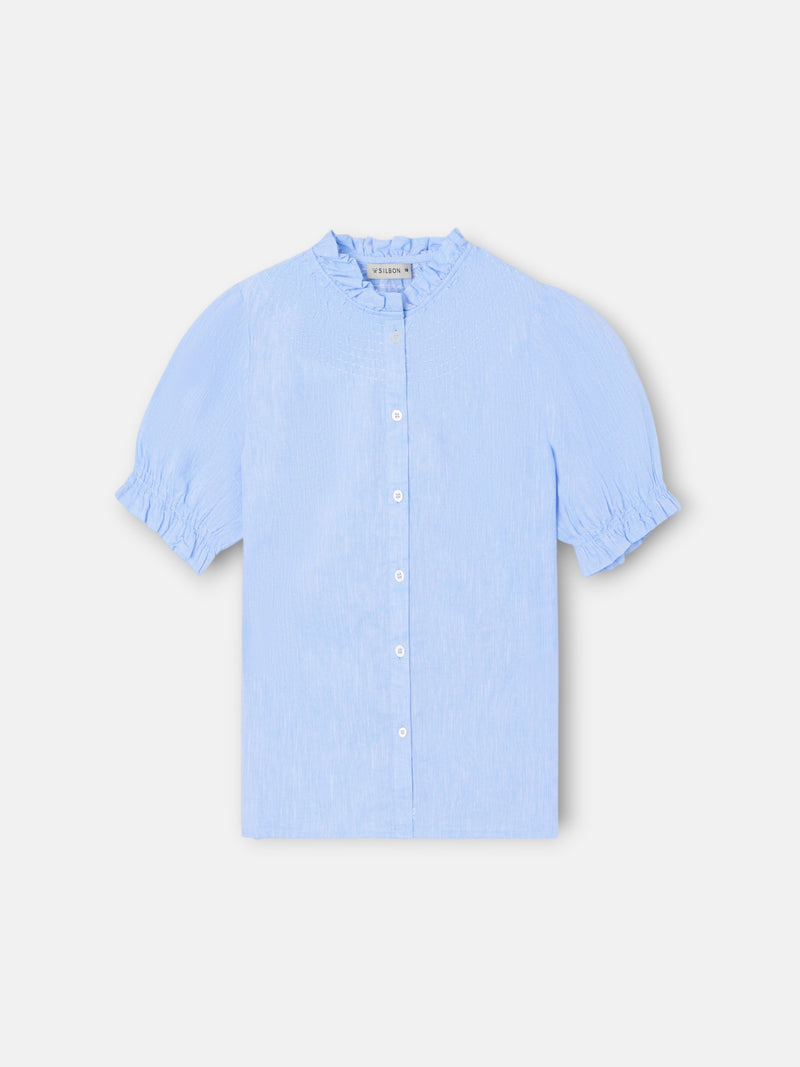 Camisa menina franzidos linho azul-claro