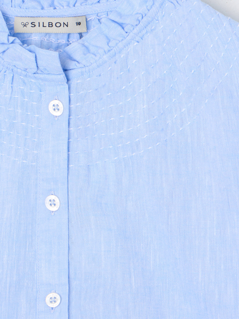 Camisa menina franzidos linho azul-claro