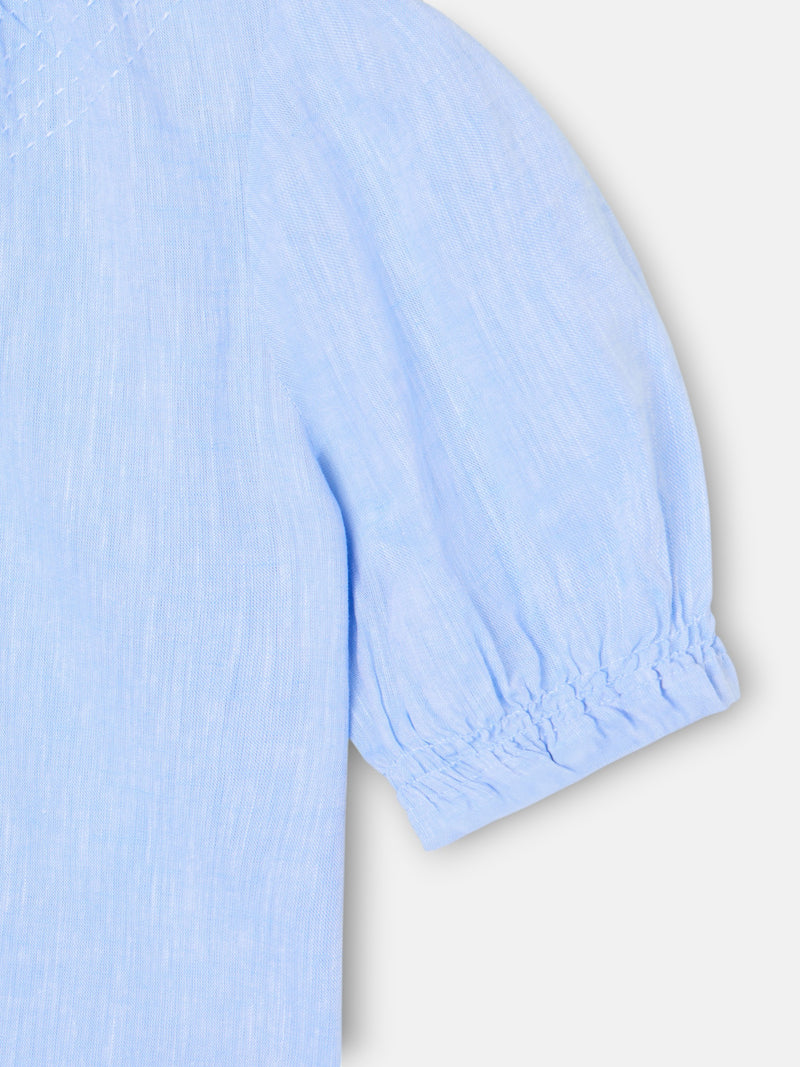 Camisa menina franzidos linho azul-claro