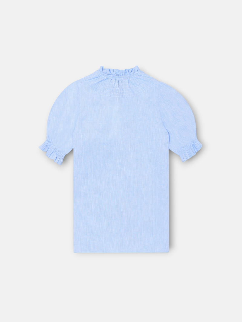 Camisa menina franzidos linho azul-claro
