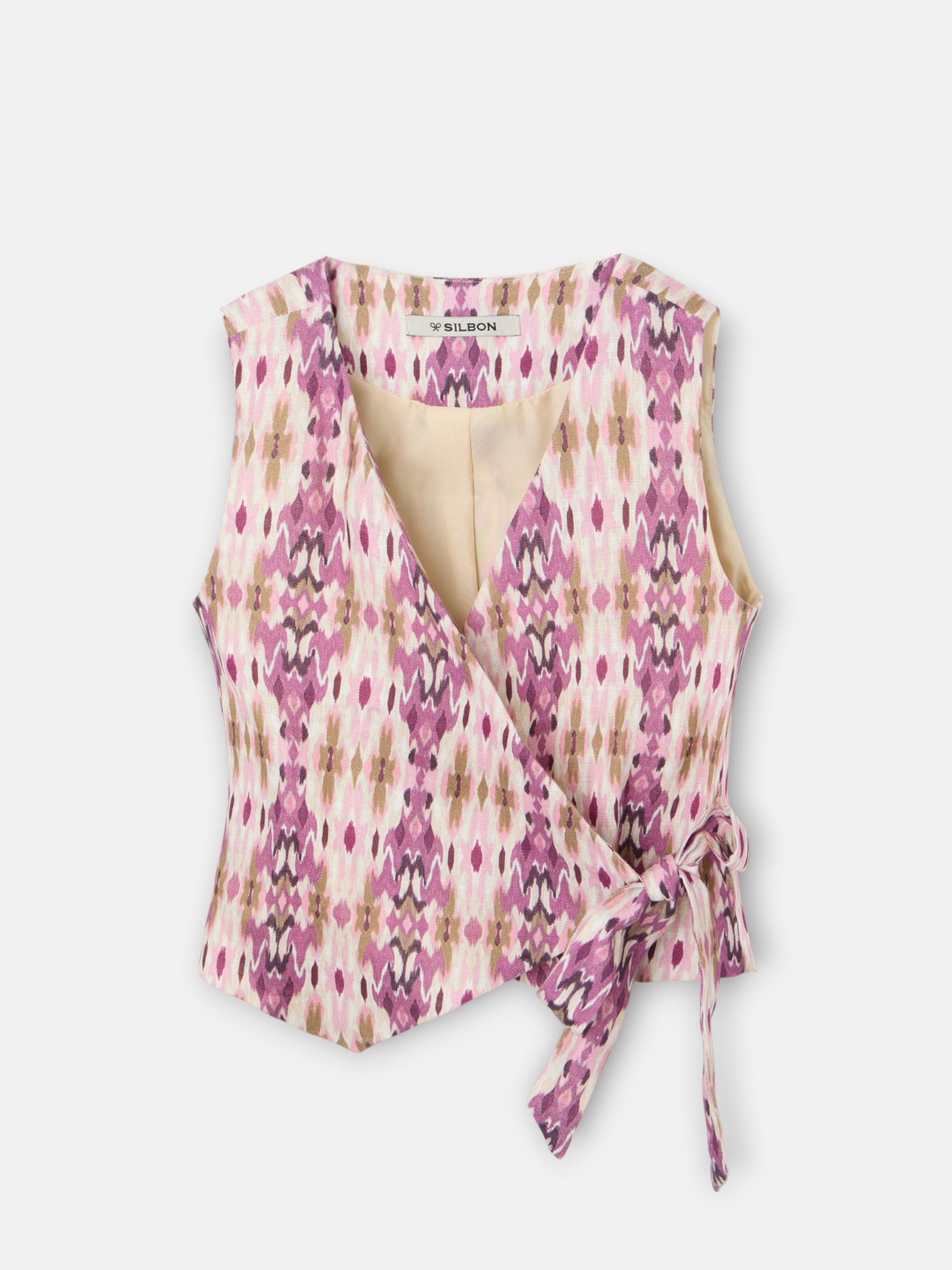 Girl's linen vest with pink ikat print