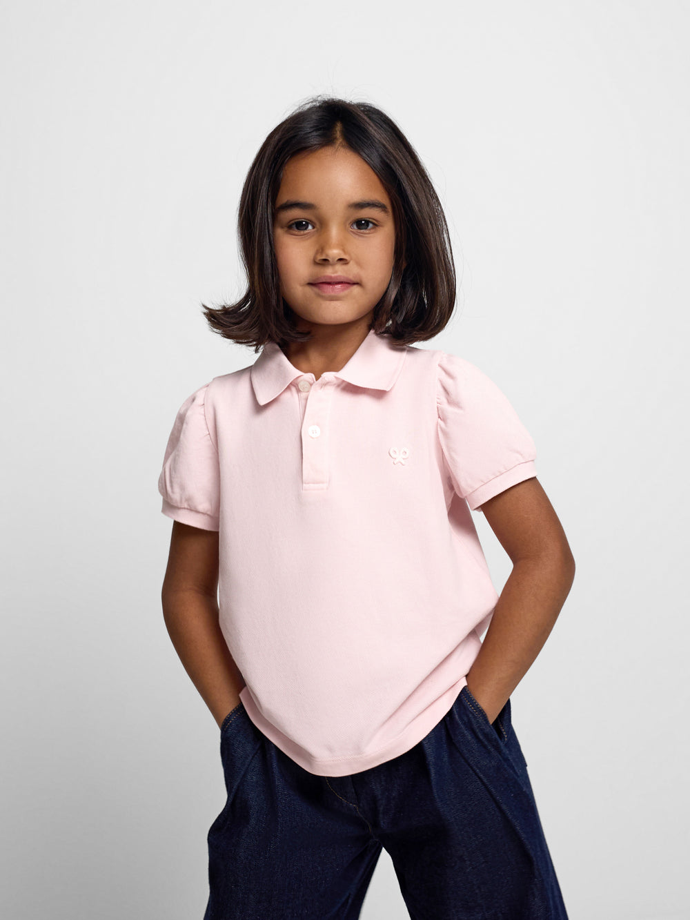 light pink puff-sleeved polo shirt for girls