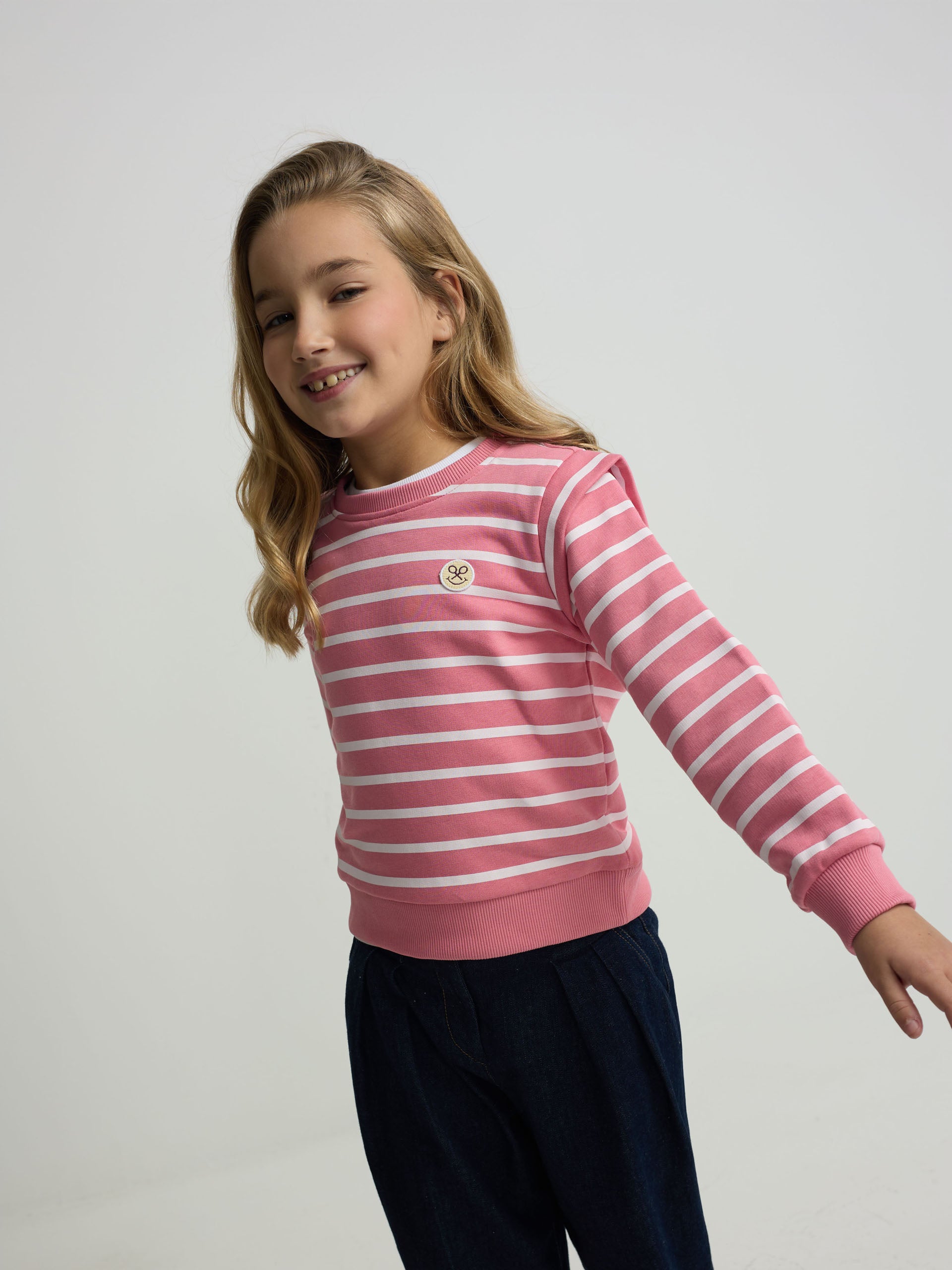 Sweat fille épaulettes rayées rose