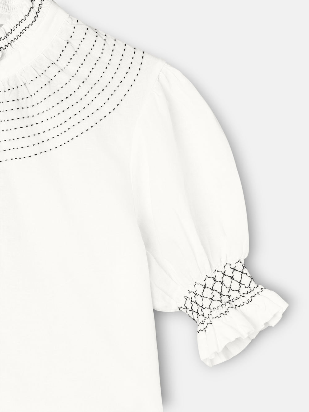 white linen short-sleeved ruched shirt