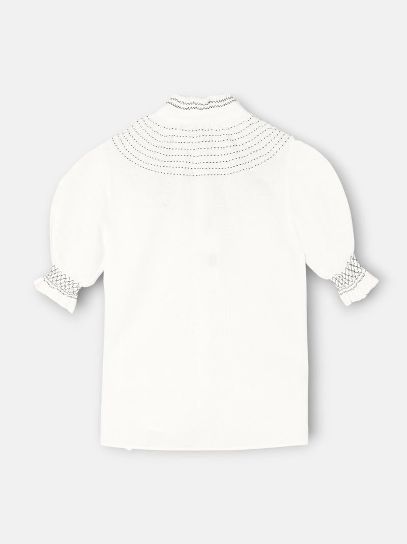 Camisa fruncida manga corta lino blanca