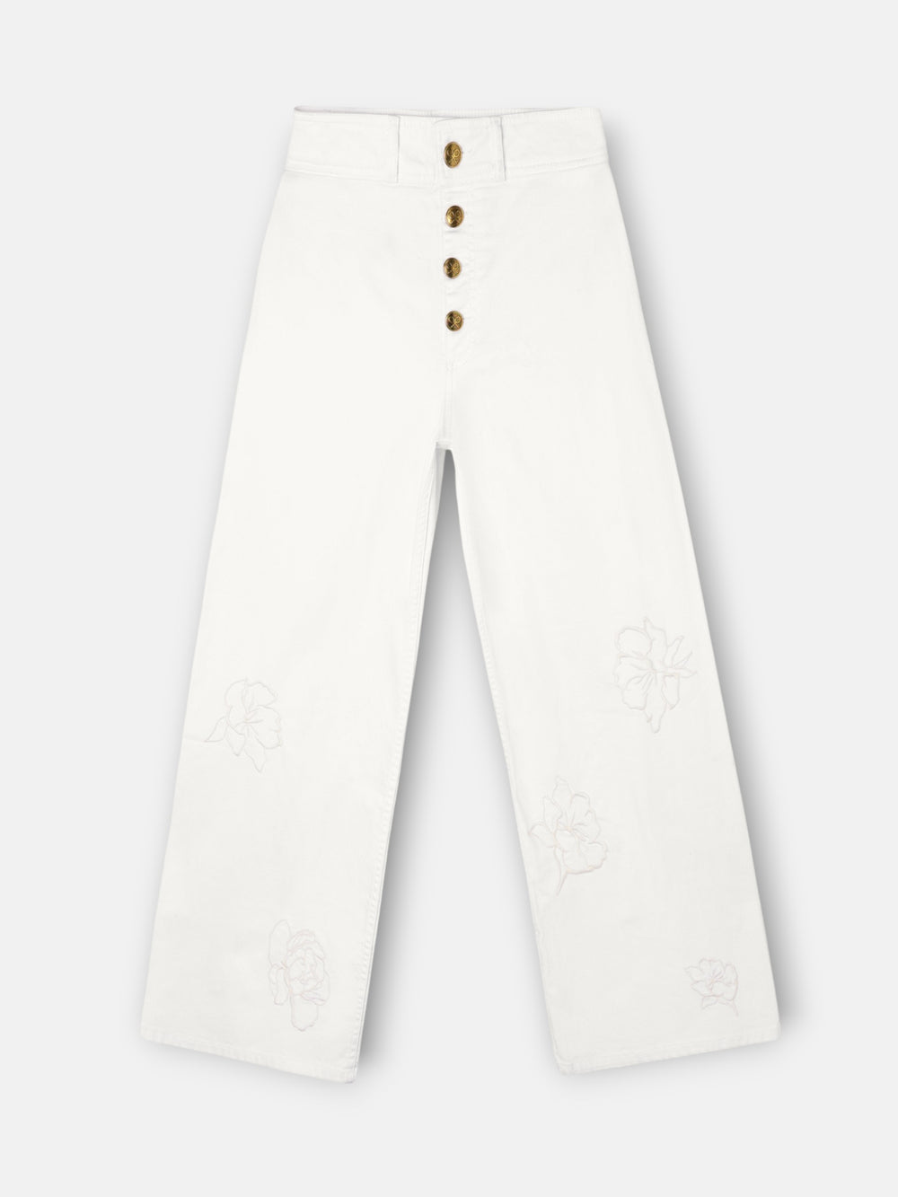 Calças bordadas com flores cru