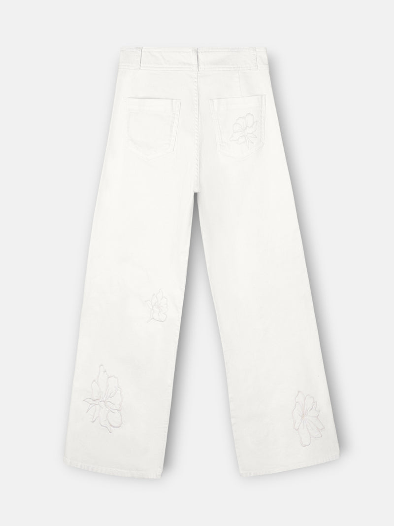 Pantalon bordados flores crudo