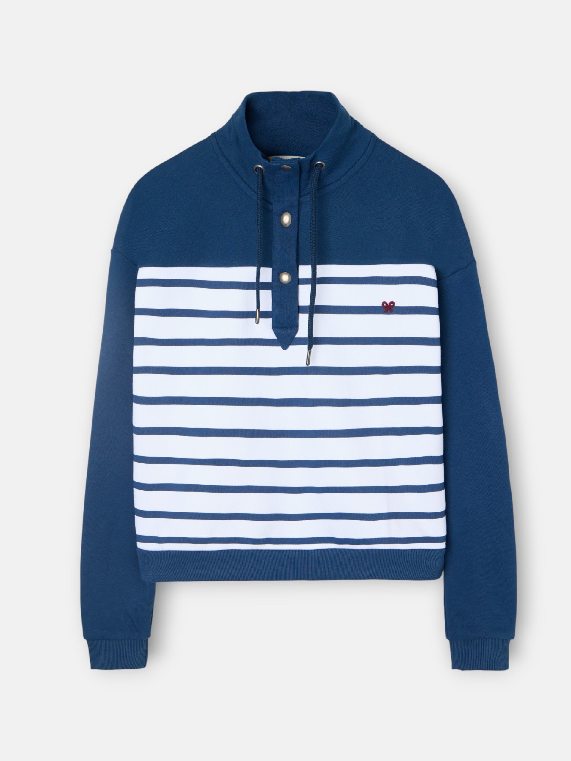 Sweatshirt mulher gola com botões riscas azuis