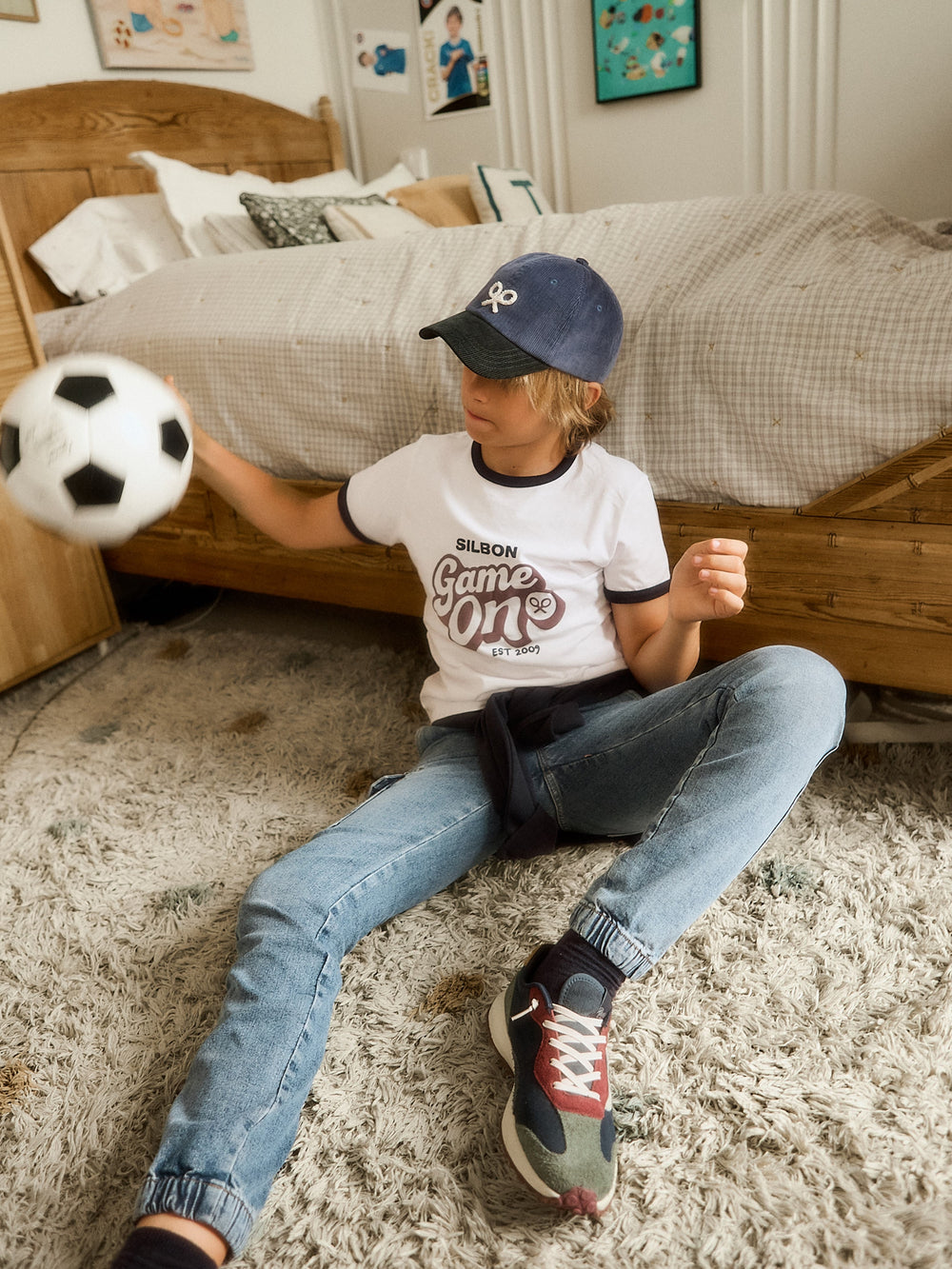 Pantalon de sport enfant jogger en denim bleu