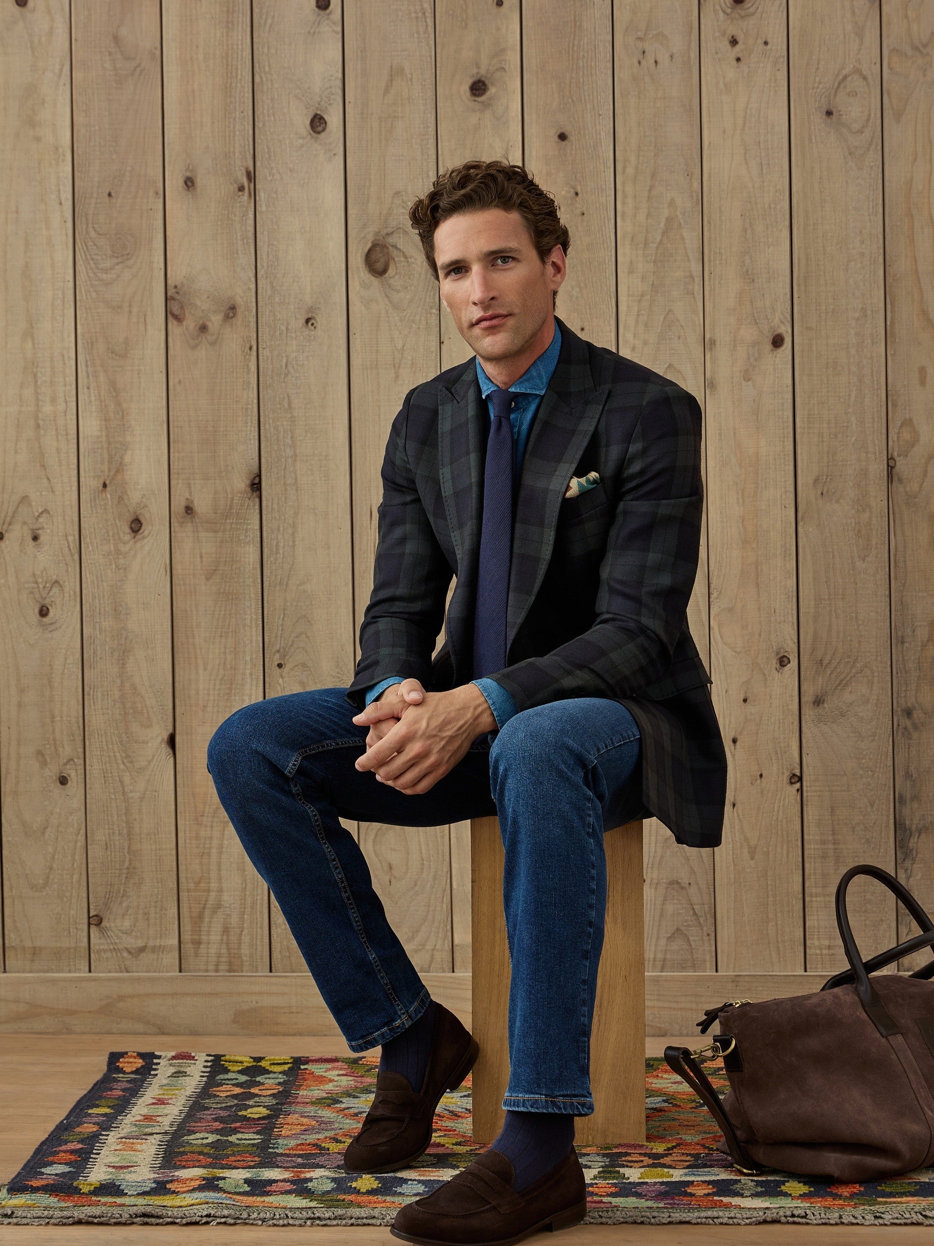 Blazer cruzado padrão tartan Ruz azul-marinho e verde