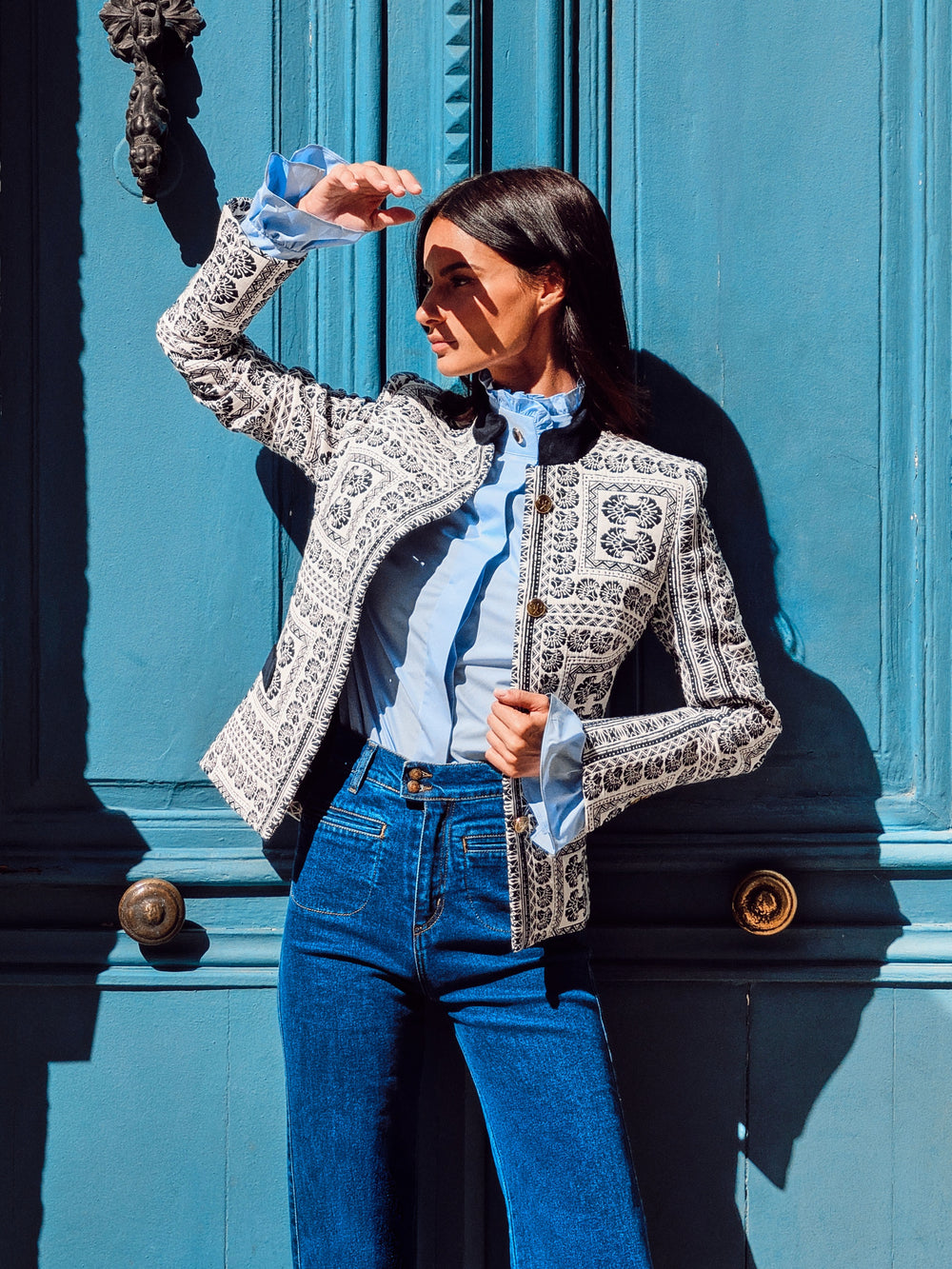 Navy blue motif jacquard blazer