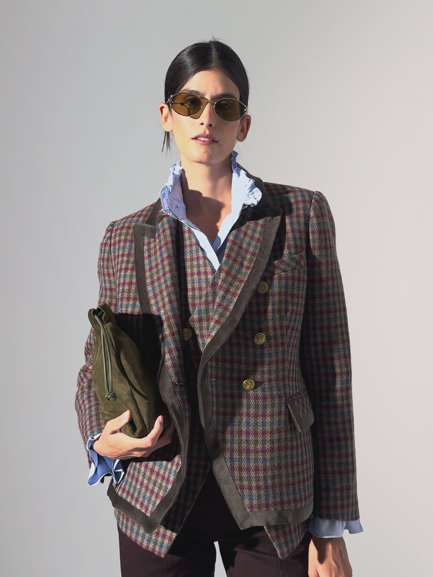 Blazer cruzado clássico com padrão de quadrados verdes