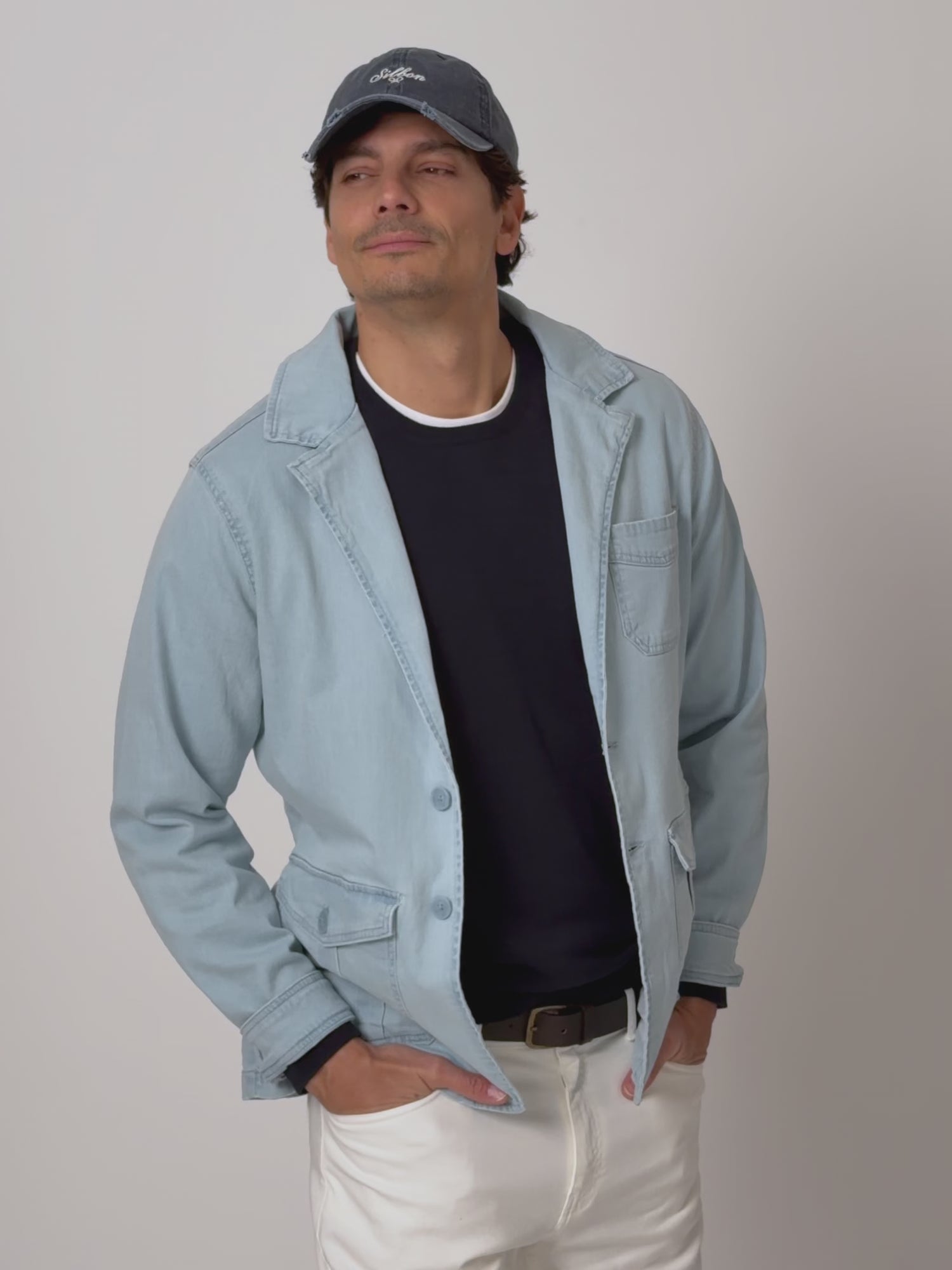 Light blue denim semi-blazer with pockets