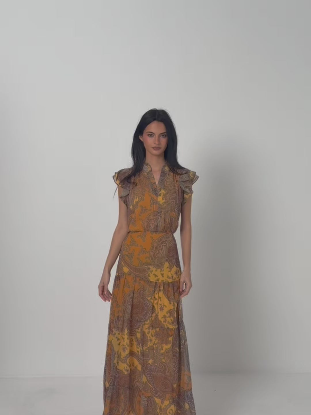 Vestido midi vuelo estampado naranjas