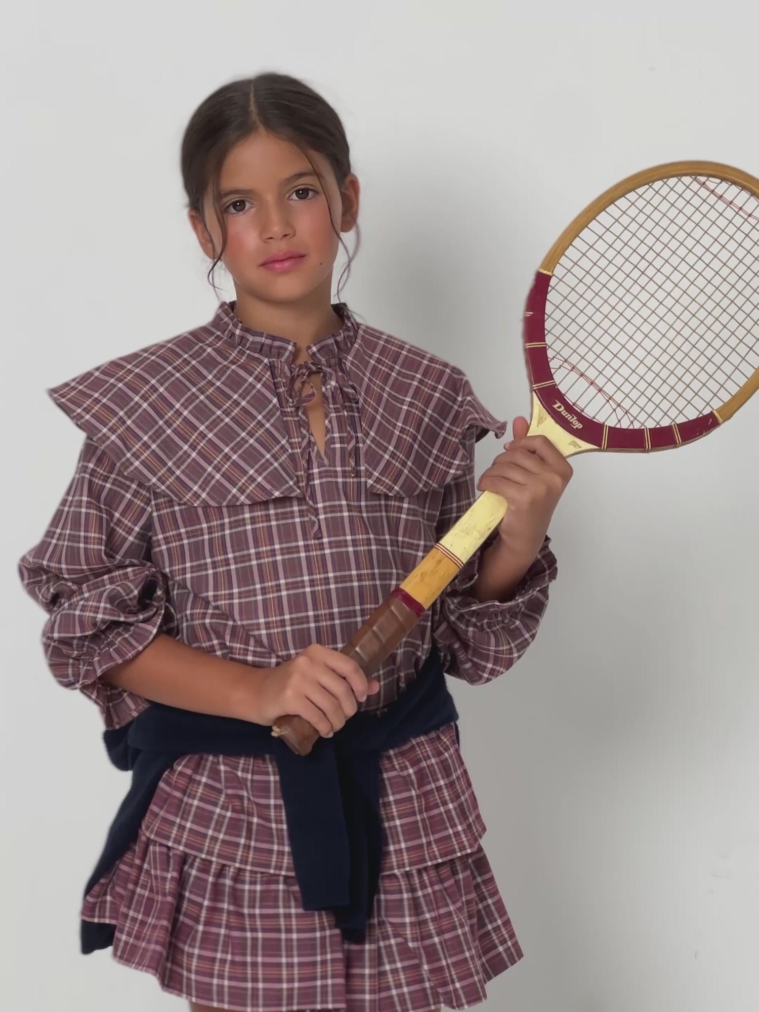 Blusa girl volante cuadros morados y rosas